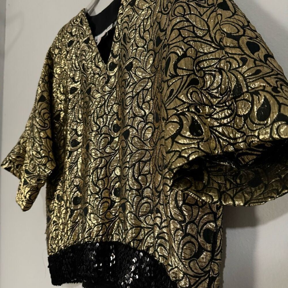 Vintage 80s Gold Metallic Black Sequin Rayon Glam Retro Top M - Picture 4 of 7